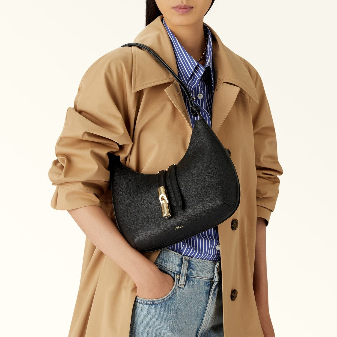 Furla Crescent Black Smooth Leather Shoulder Bag