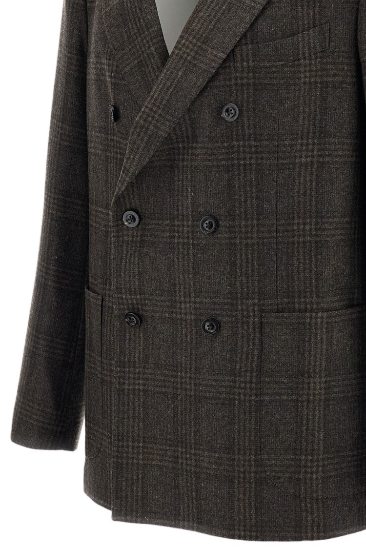 Boglioli Brown Check Pattern Wool Peak Lapels Double-Breasted Blazer
