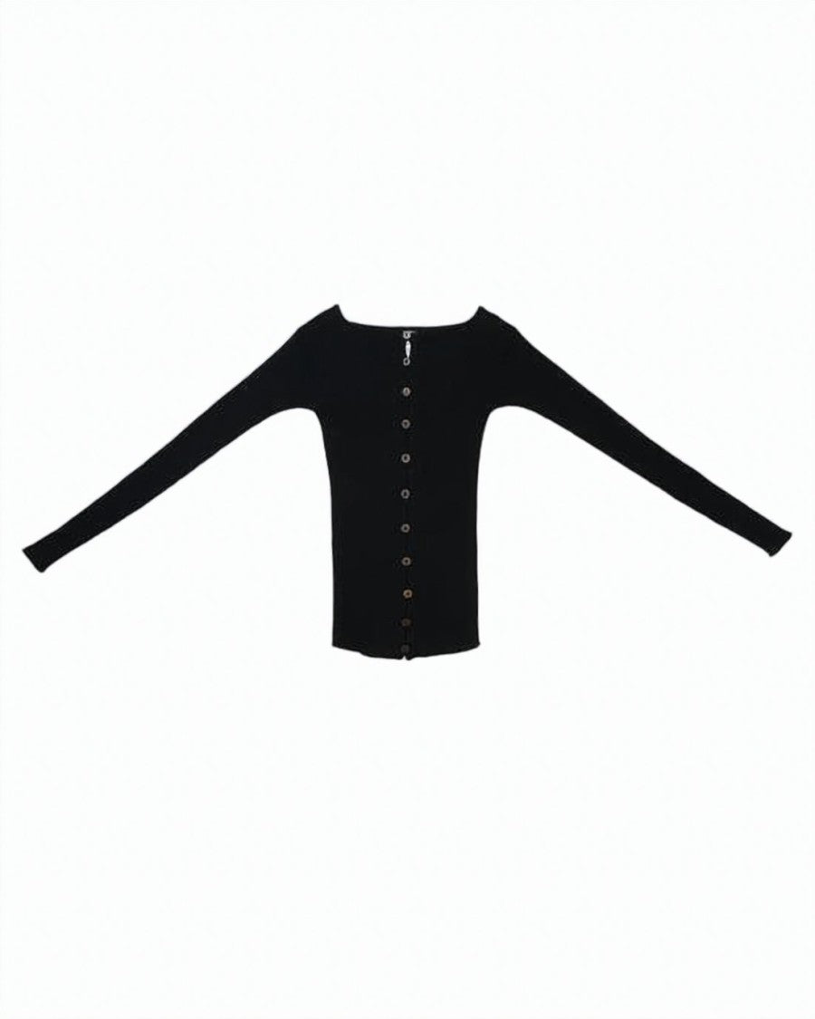 Baserange White Fitted Long-Sleeved Ribbed Button Top