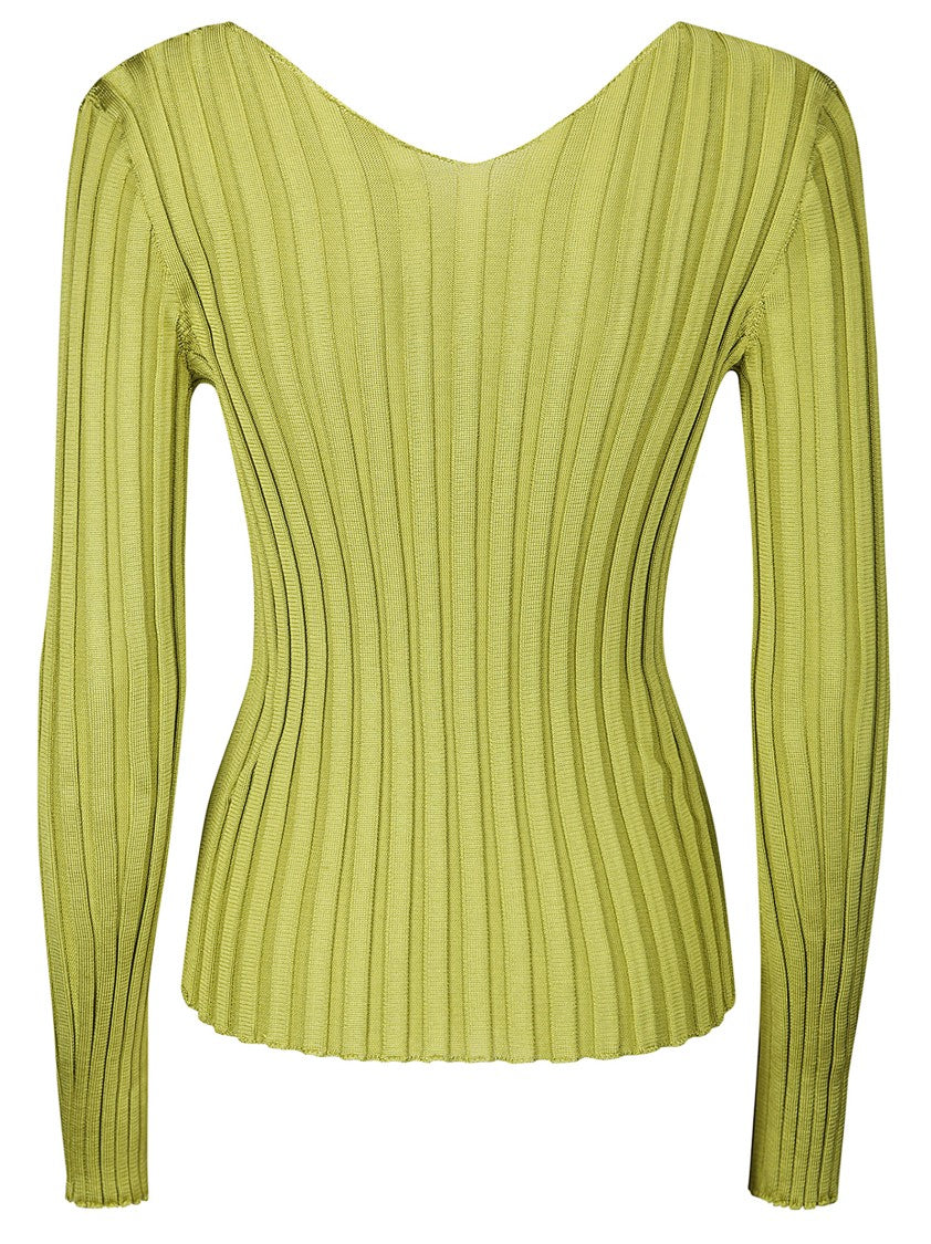 Lussi Fitted Ribbed Silk Sweater With Deep V-Neckline