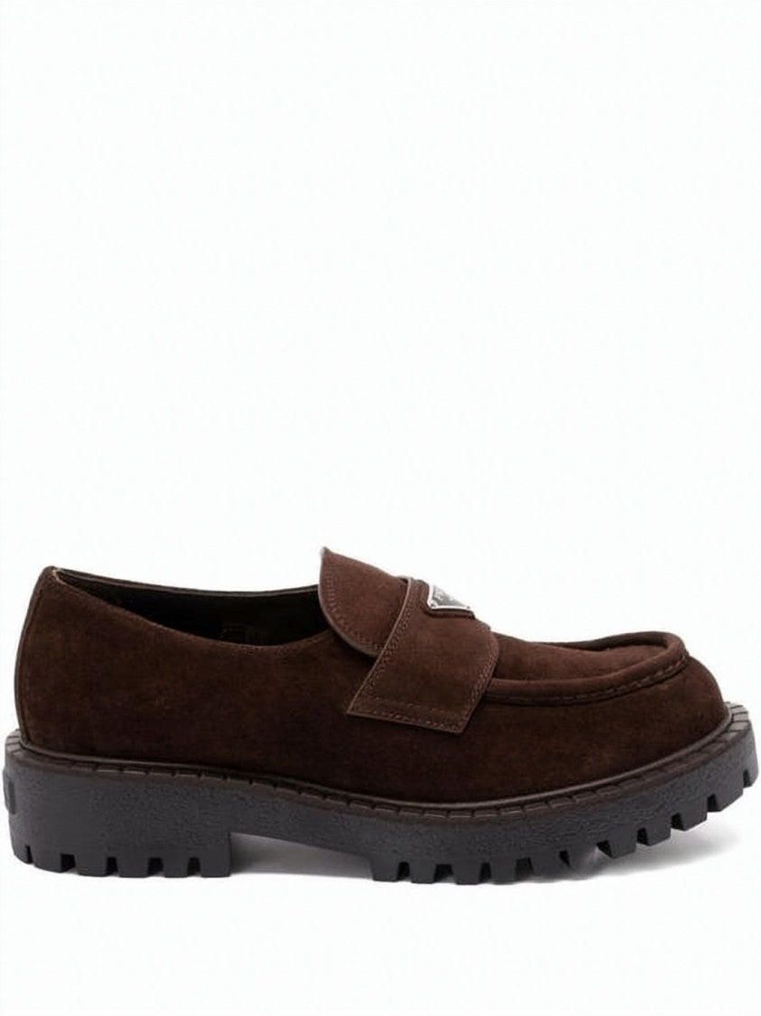 Prada Chunky Sole Dark Brown Suede Loafers With Triangular Emblem