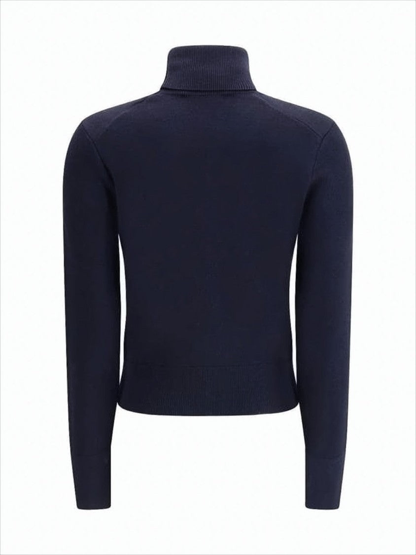 Ami Paris Fitted Blue Turtleneck Sweater With Embroidered Heart Detail
