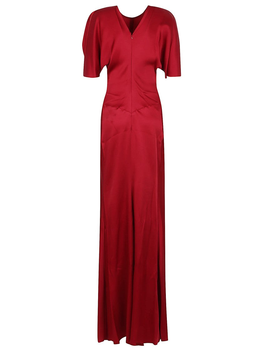 Victoria Beckham Gathered Waist Floor-Length Crepe Satin Dress