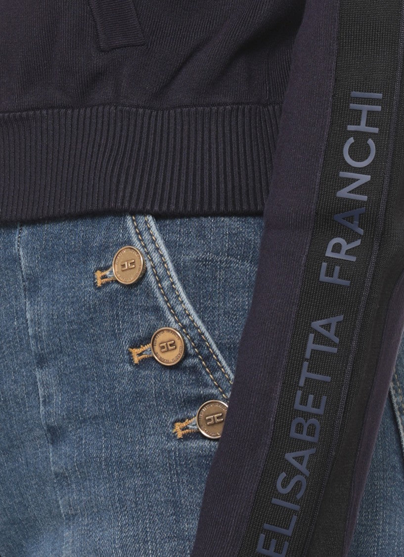 Elisabetta Franchi Blue Embossed Logo Hooded Cotton-Blend Sweatshirt