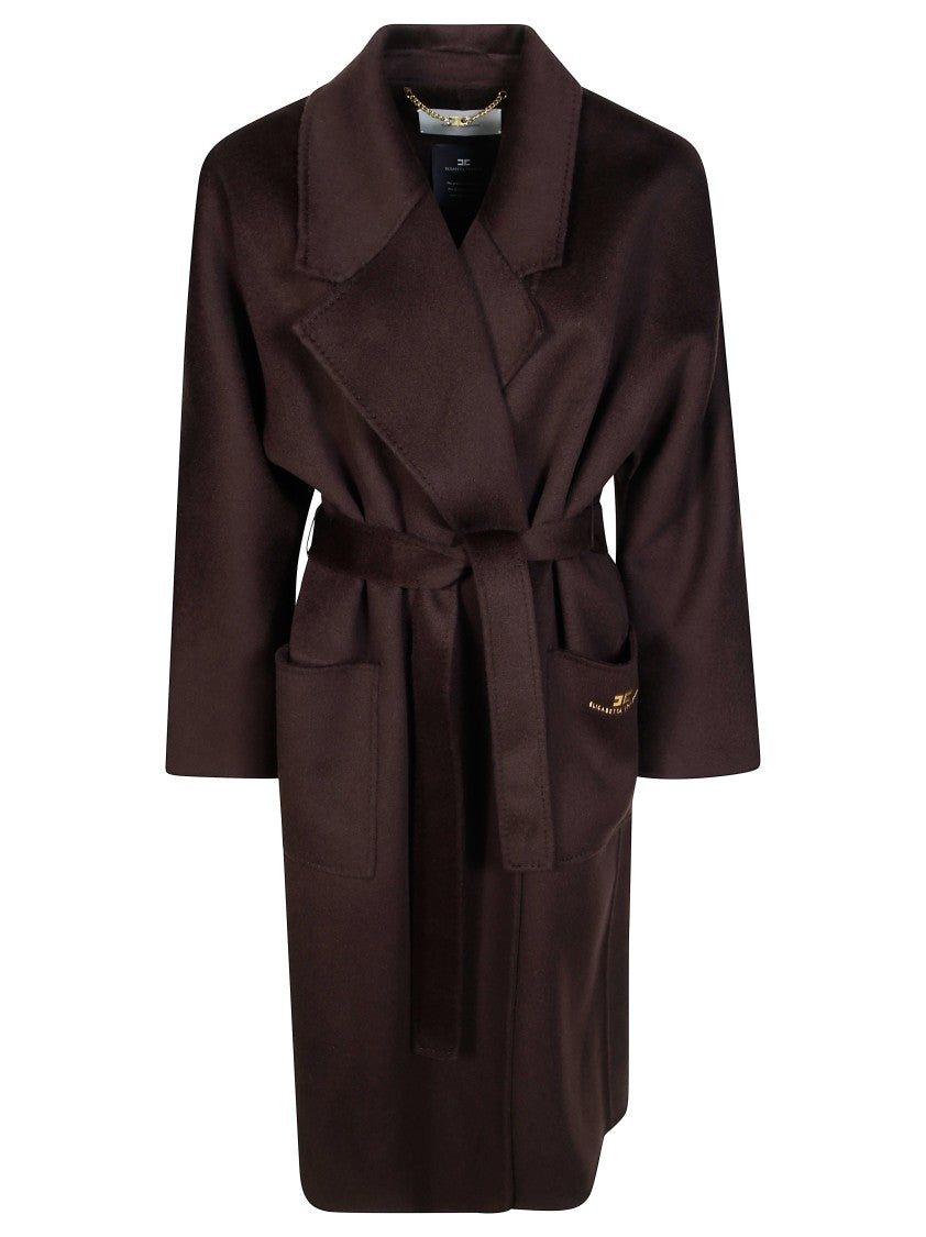 Elisabetta Franchi Dark Brown Wool Belted Coat
