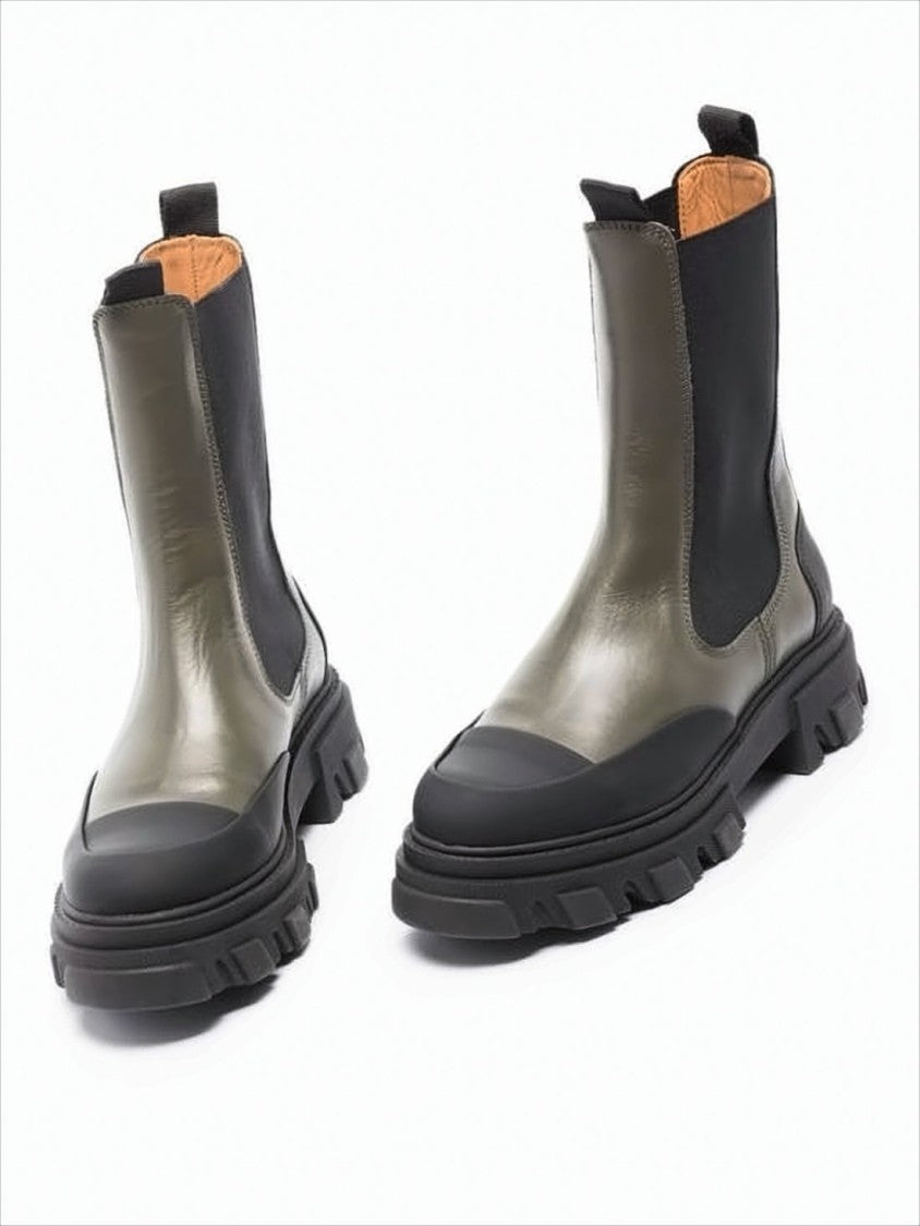 Ganni Chunky Chelsea Boots With Olive Leather Uppers And Black Accents