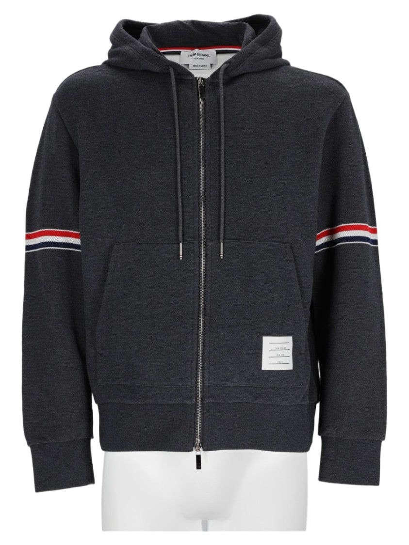 Thom Browne Grey Zip-Up Hooded Striped Cotton Sweatshirt