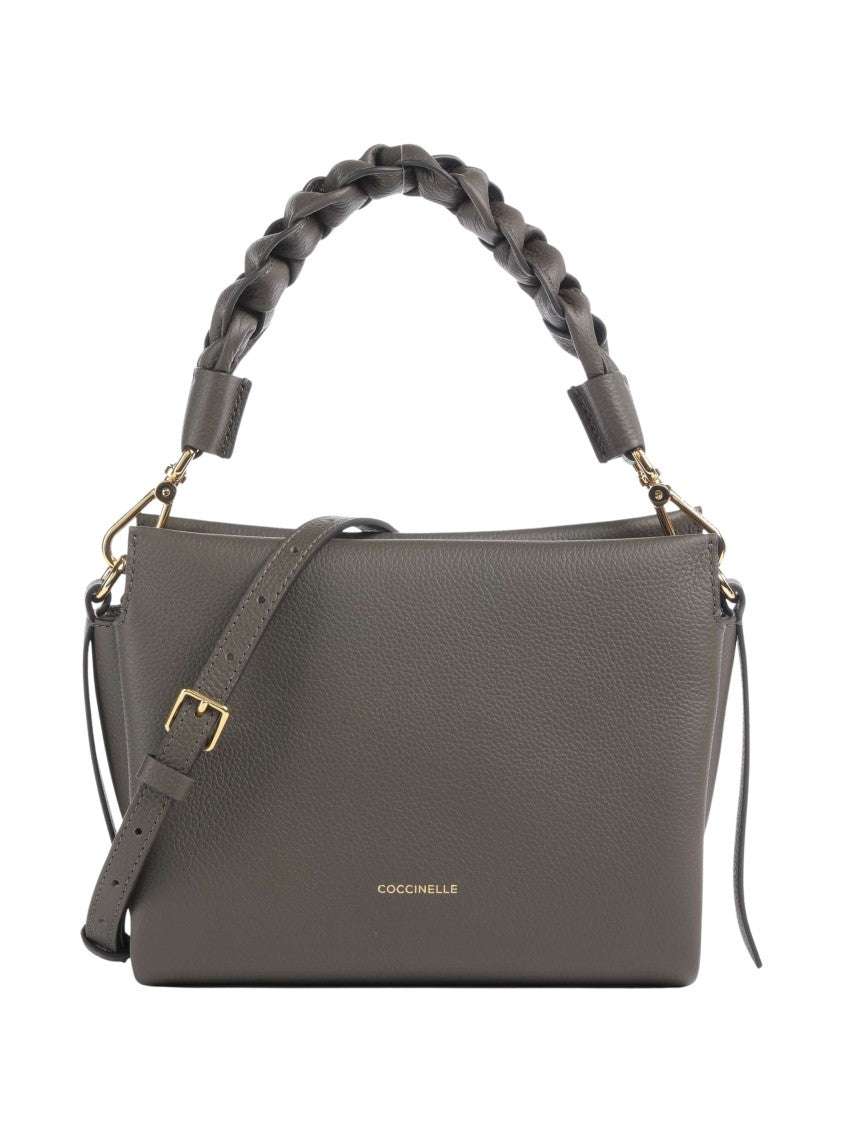 Coccinelle Structured Grey Grained Leather Shoulder Bag With Braided Handle