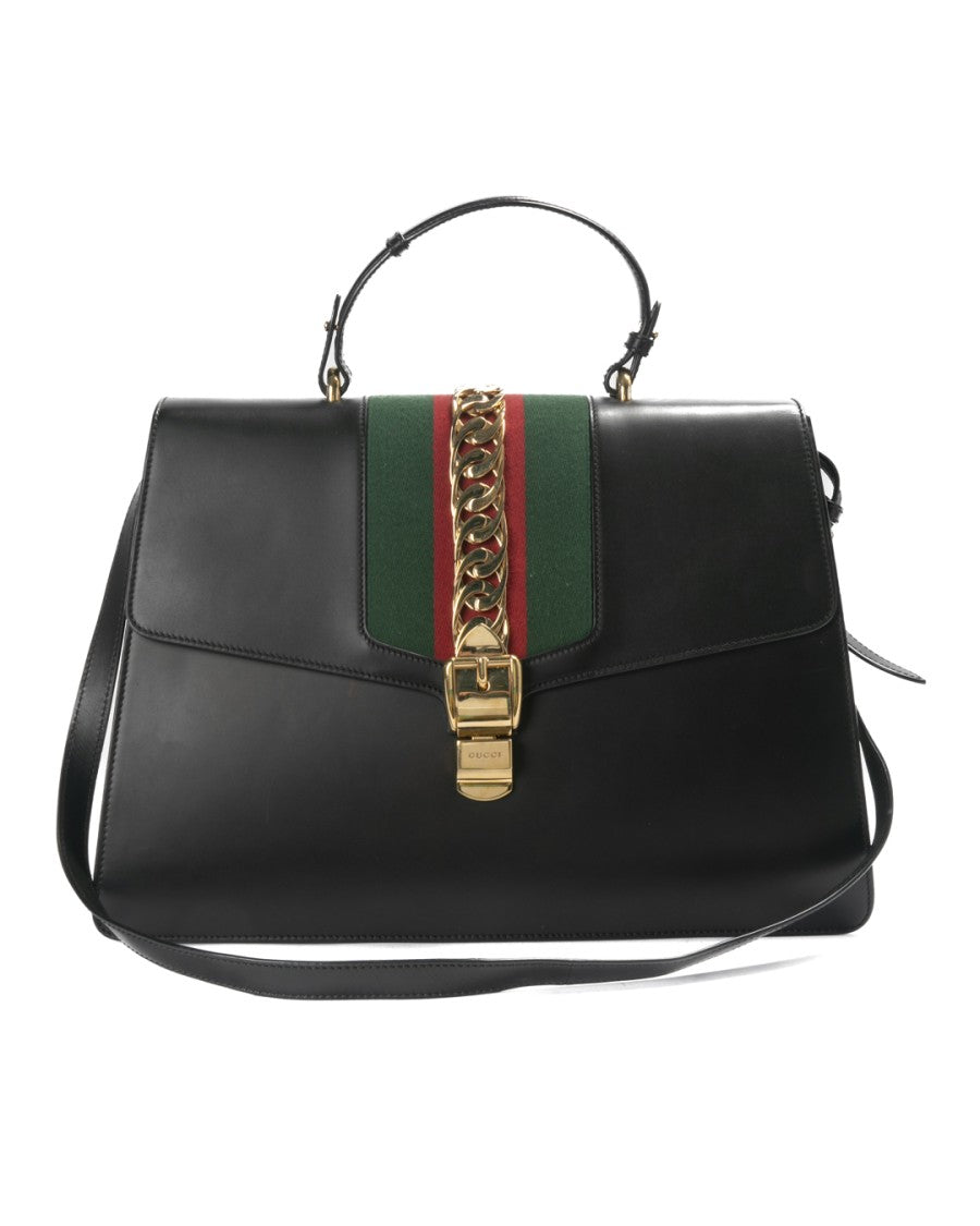 Gucci Black Sylvie Xxl Web Leather Shoulder Bag