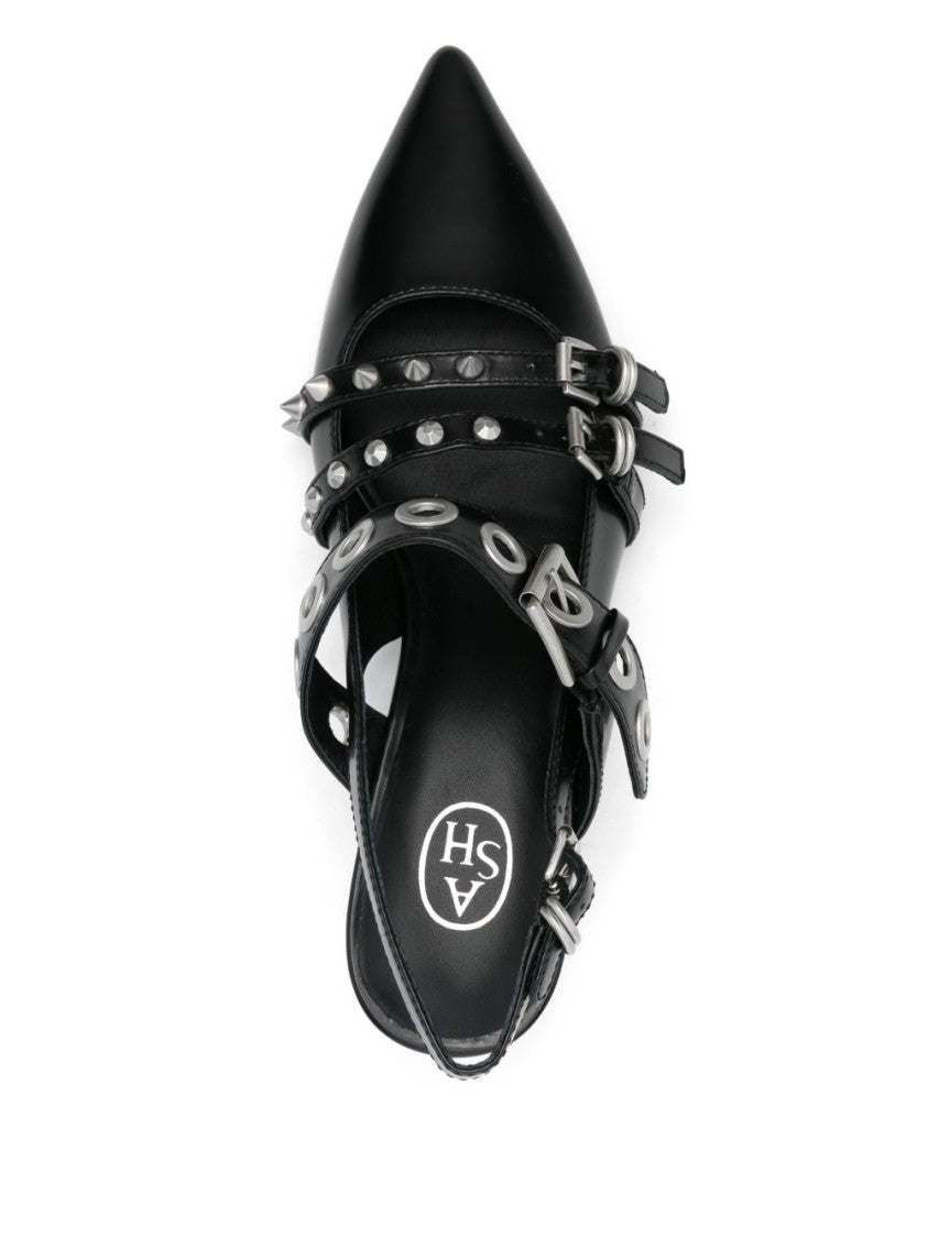 Ash Pointed-Toe Slingback Heels With Metallic Eyelets And Studs