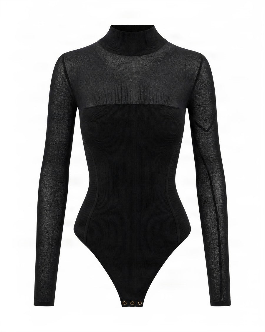 Elisabetta Franchi Black Sheer Insert High-Neck Viscose-Blend Bodysuit