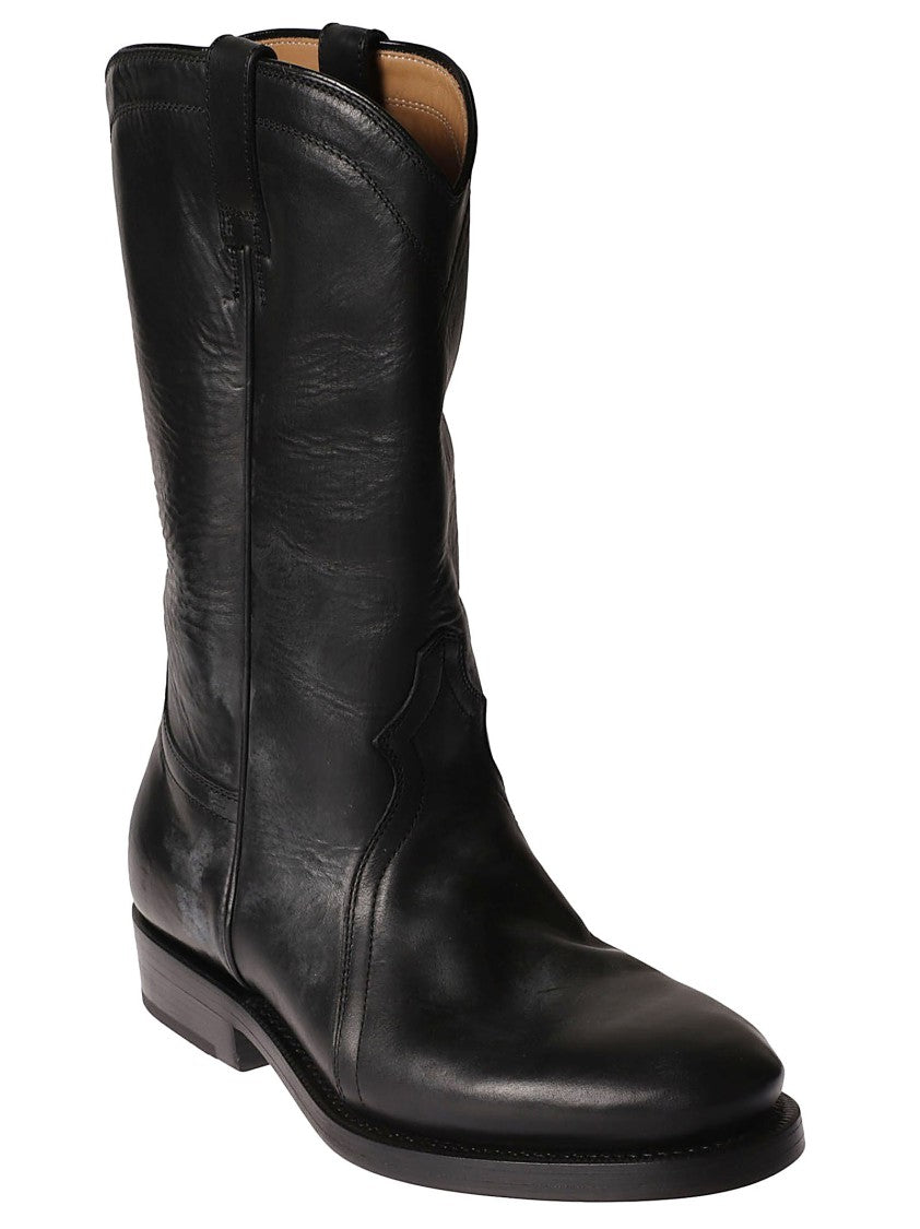 Jil Sander Mid-Calf Black Leather Boots With Subtle Stitching