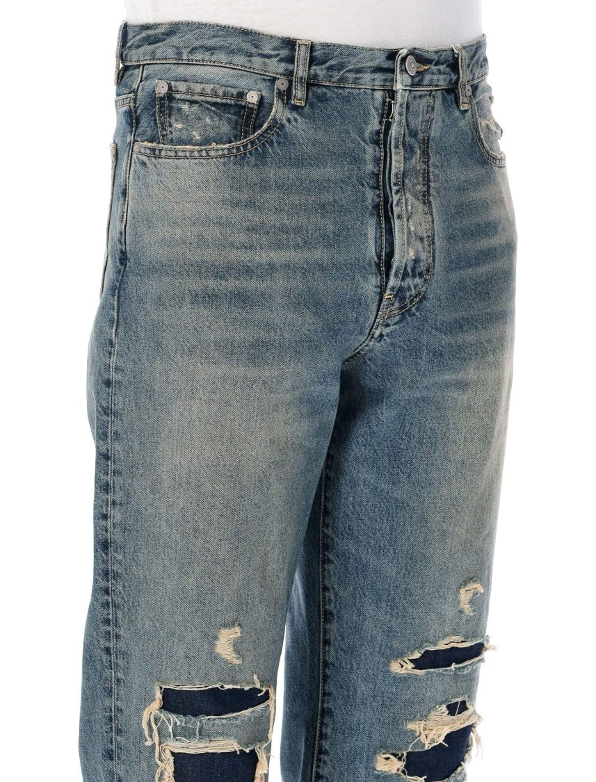 Maison Margiela Broken Distressed Cut-Off Hem Cotton Straight-Leg Jeans