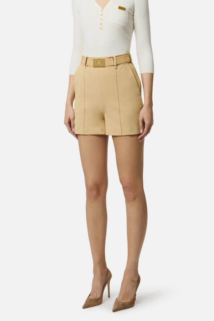 Elisabetta Franchi Camel Gold-Buckle Logo Belt Polyamide-Blend Shorts