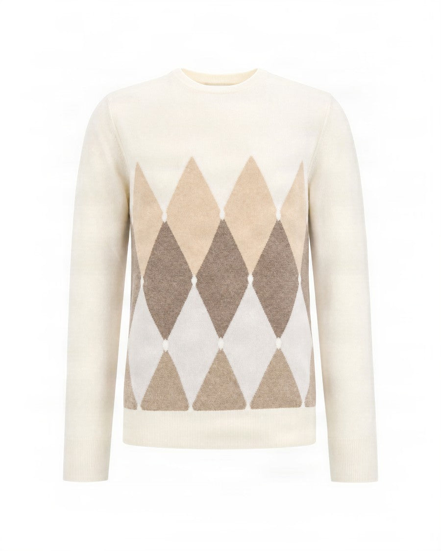 Ballantyne Cream Argyle Diamond Pattern Cashmere Sweater