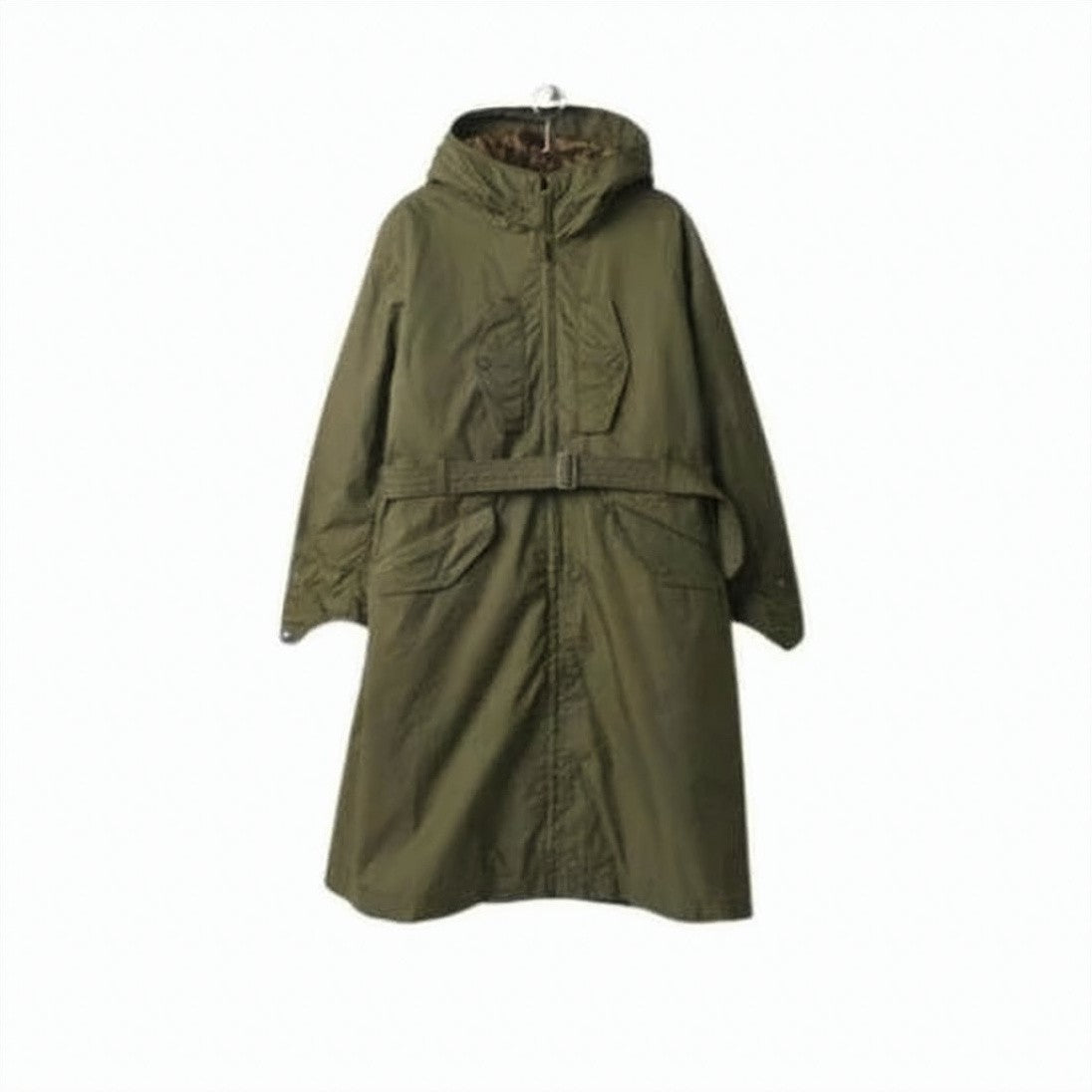 Engineered Garments Hooded Green Utility Coat With Belted Waist