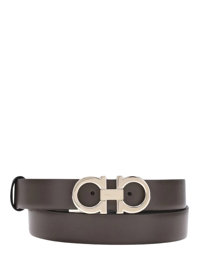 Ferragamo Smooth Brown Calf Leather Belt With Polished Double Gancini Buckle