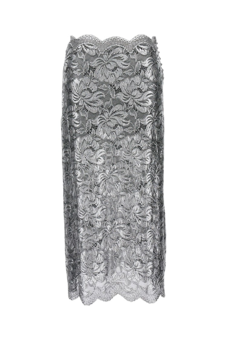 Rabanne Intricate Silver Lacquered Lace Maxi Skirt