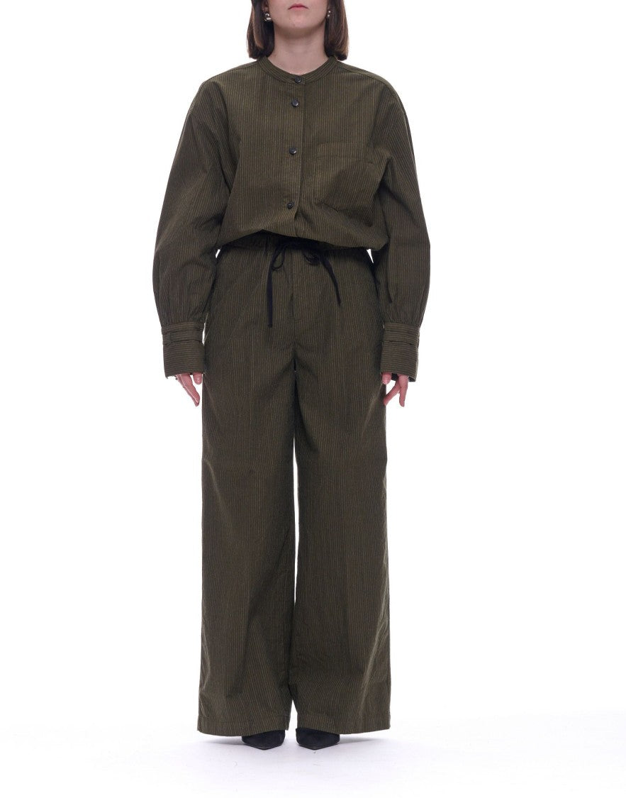 Pomandère Military Green Striped Cotton Loose-Fit Straight-Leg Pants