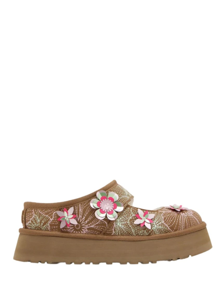 Ugg Brown 3D Floral Embroidery Suede Flats