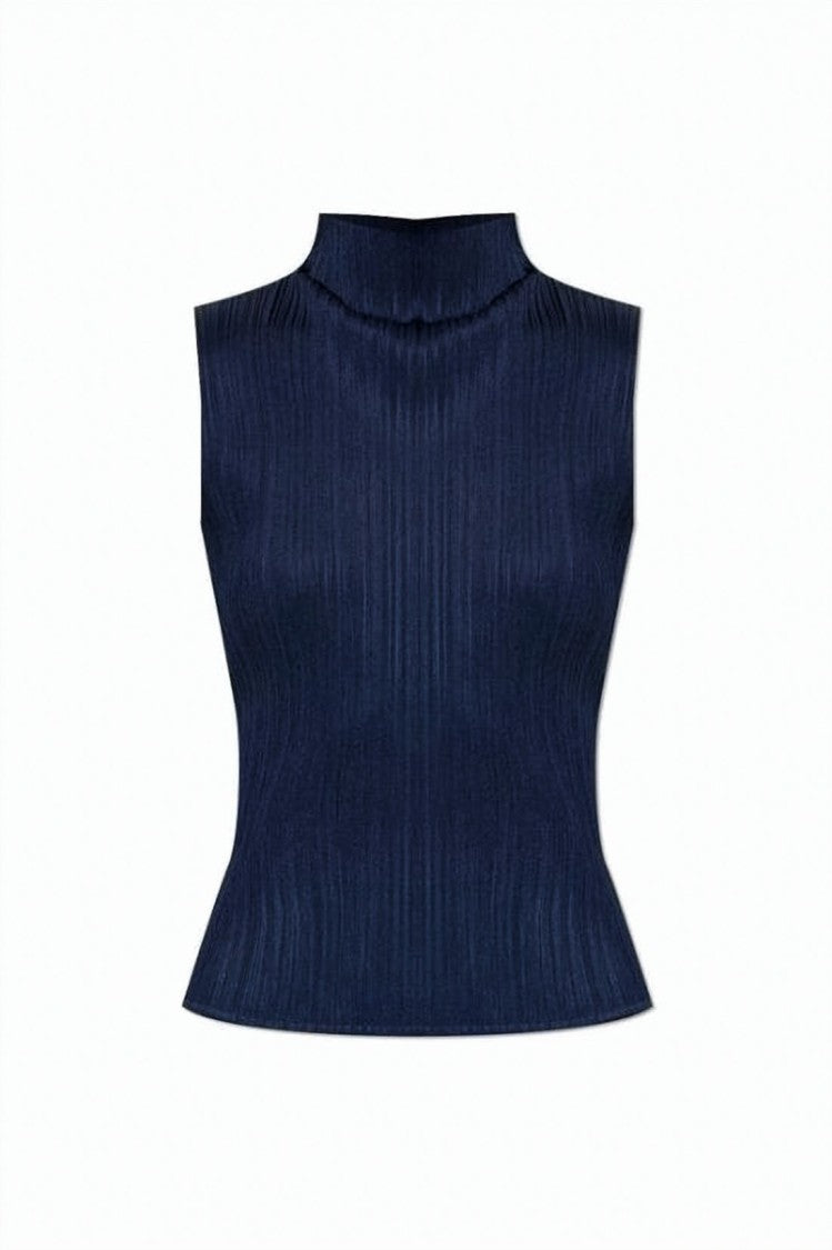 Pleats Please Textured Pleated Sleeveless Top With High Neckline