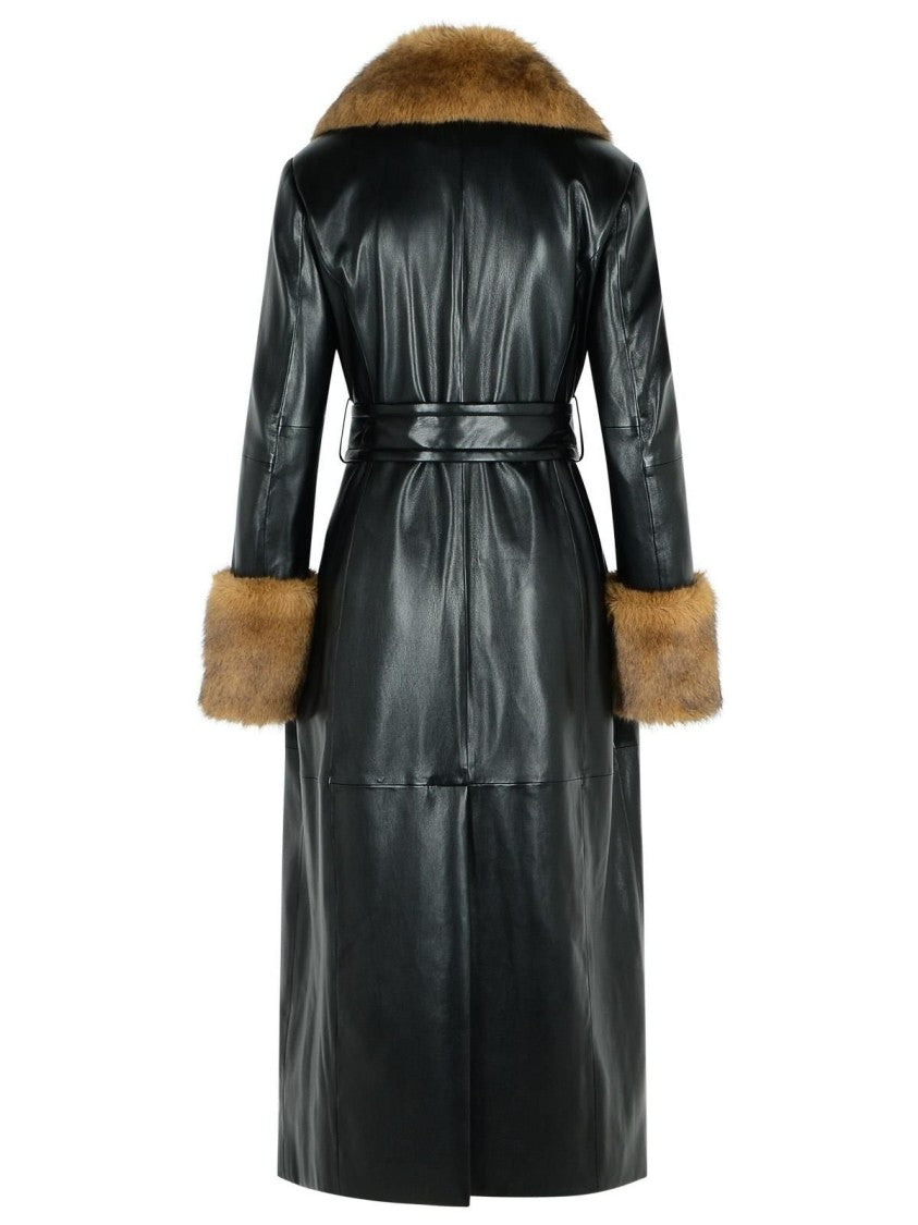 Stand Studio Long Coat With Faux Fur Inserts And Belted Waist
