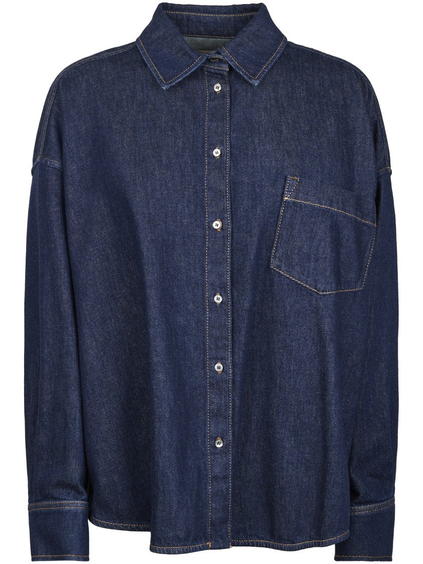 Max Mara Dark Blue Denim Shirt With Classic Collar