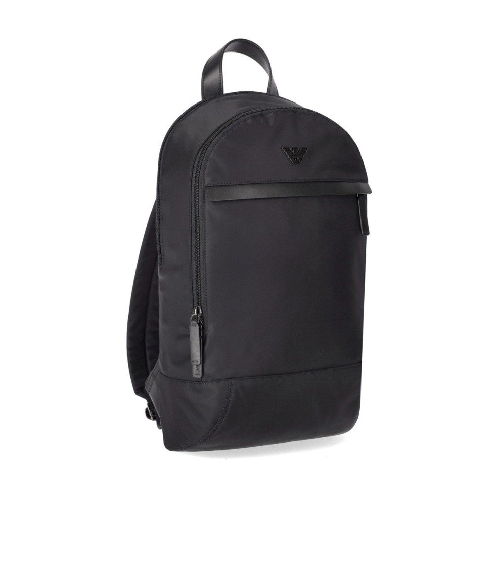 Emporio Armani Rounded Black Nylon Backpack With Leather Accents