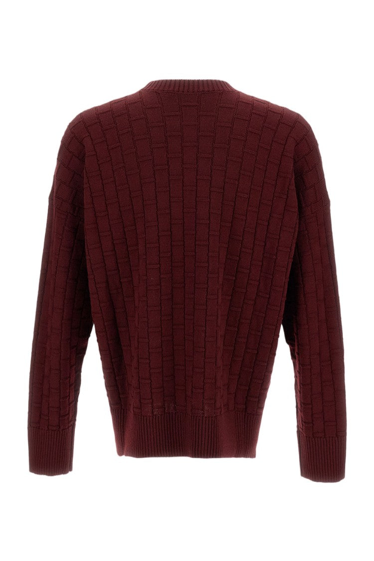 Plan C Checked Burgundy Wool Sweater With Ribbed Crew Neck