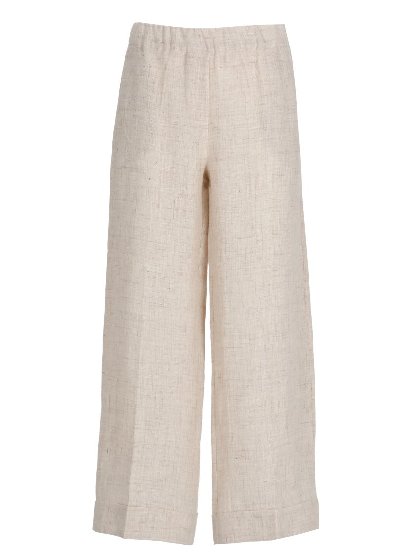 D. Exterior Beige Elastic Waist Linen Shorts