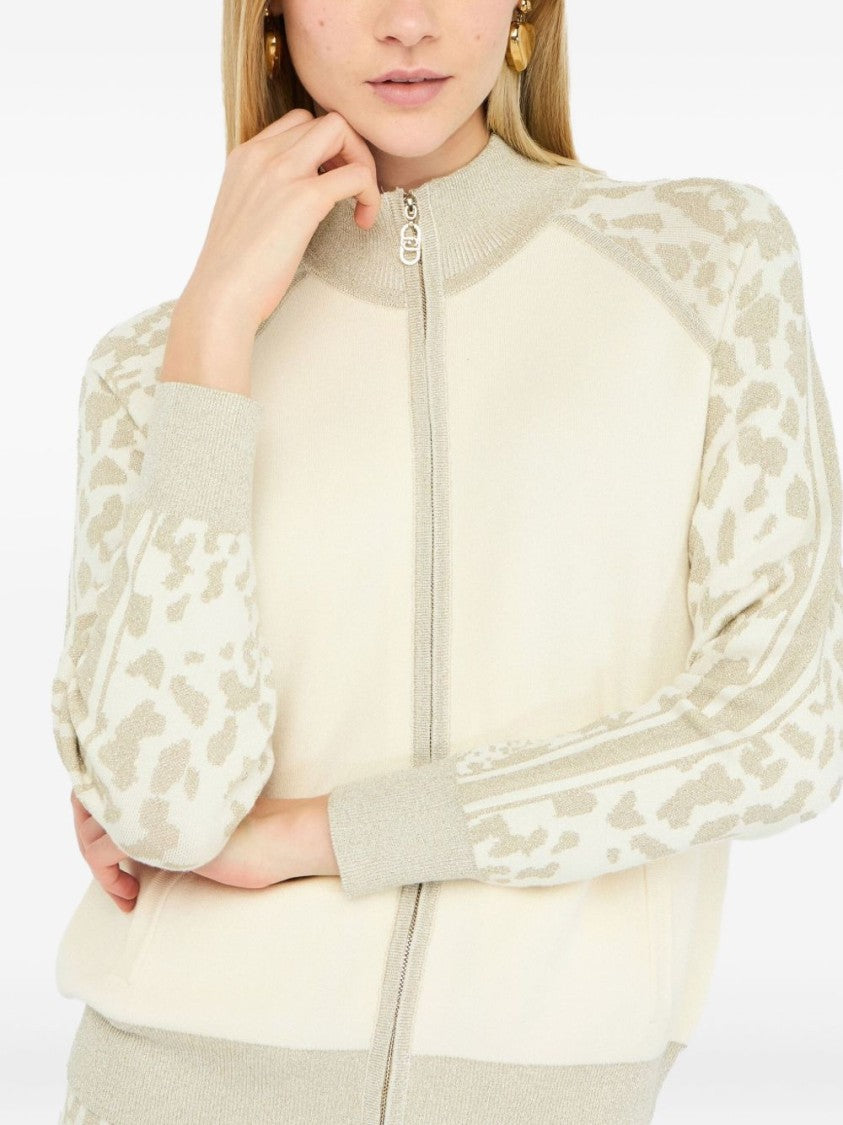 Liu Jo High Collar Zip-Up Sweater With Subtle Leopard Print Detail