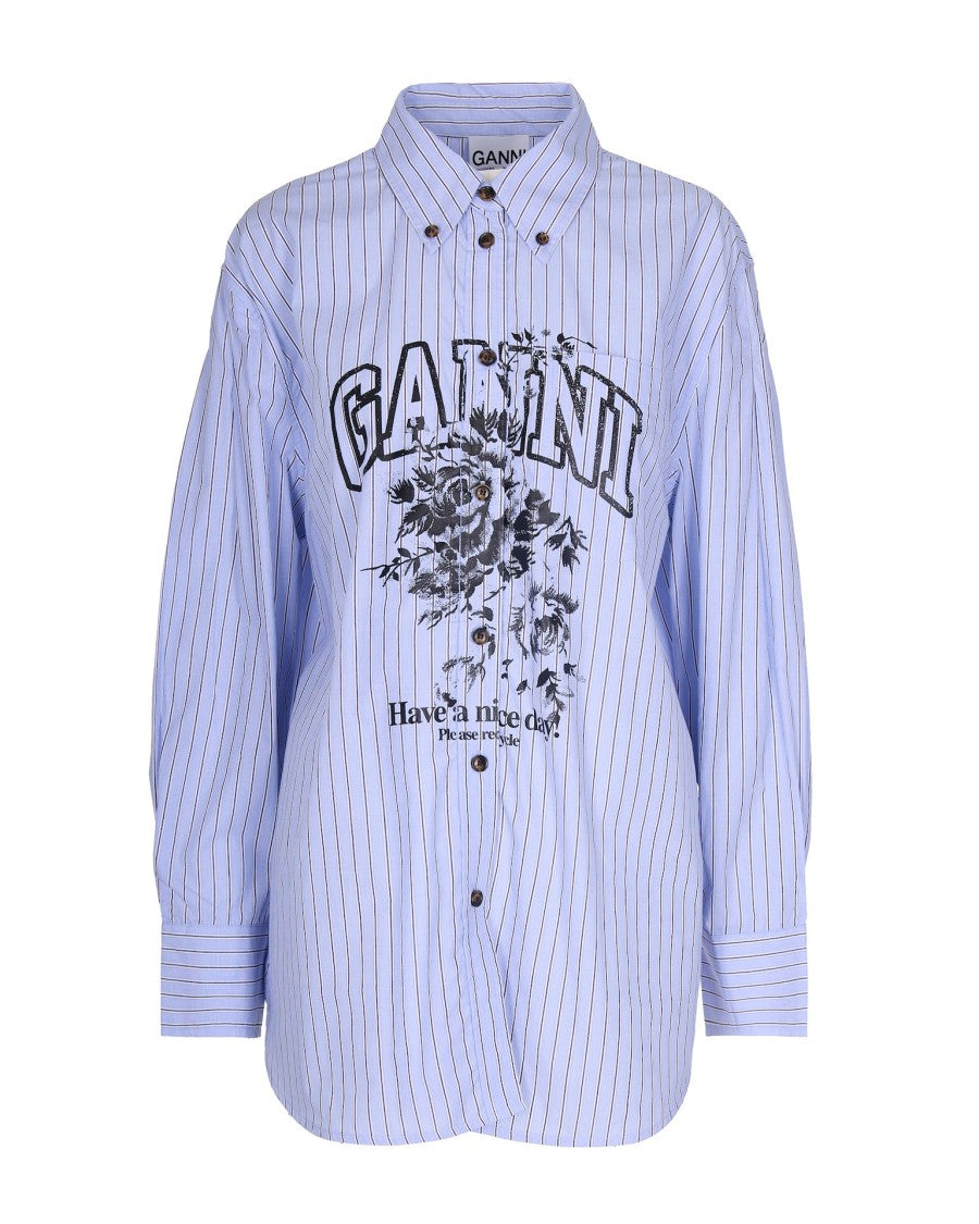 Ganni Logo-Embellished Blue Stripe Cotton Shirt