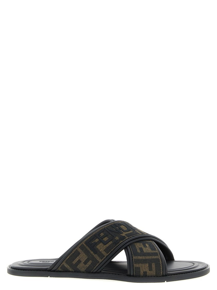 Fendi Double Crossed Band Logo Slides With Jacquard Pattern