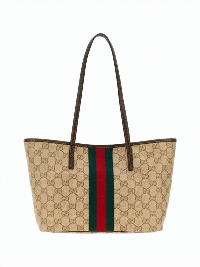 Gucci Canvas Tote Bag With Monogram Pattern And Distinctive Stripe