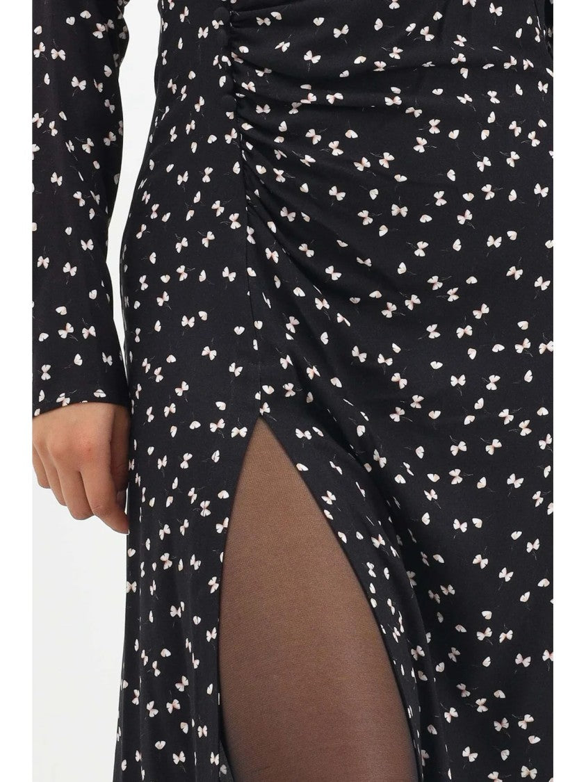Mar De Margaritas Black Midi Dress With Gathered Sleeves And Floral Pattern