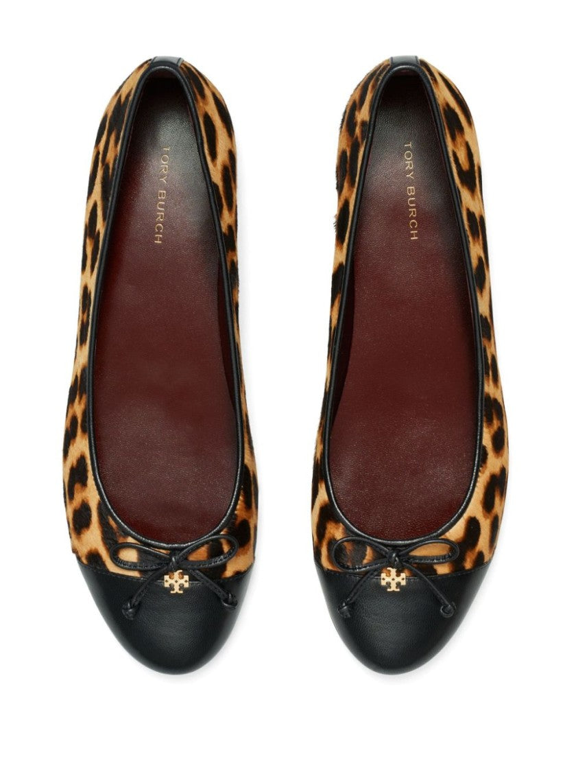 Tory Burch Leopard Print Bow-Detail Ballerina Shoes In Smooth Grain Calf Leather