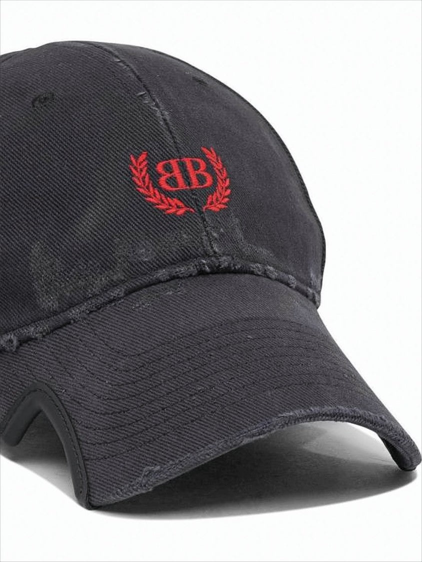 Balenciaga Distressed Black Cotton Baseball Cap With Embroidered Emblem