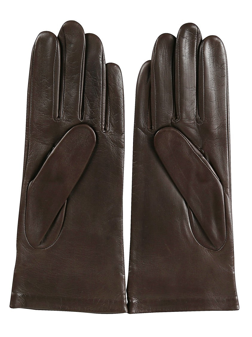 Ami Paris Brown Leather Gloves With Gold Logo Plaque