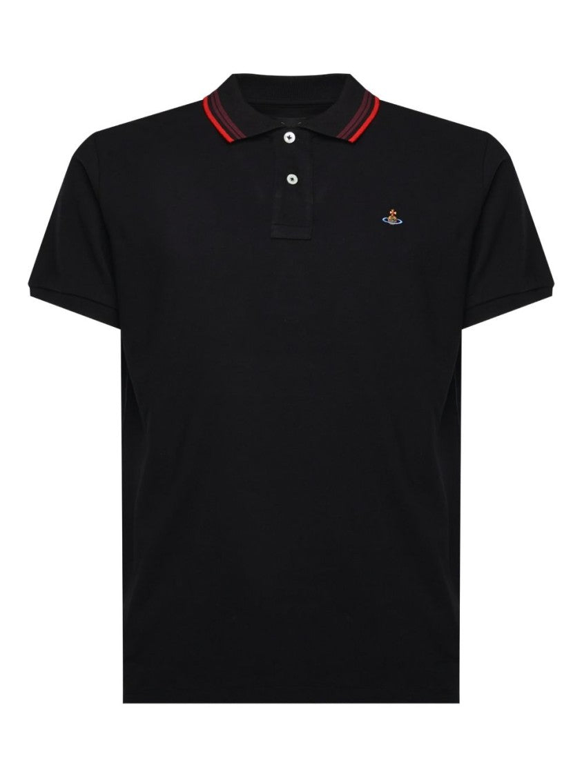 Vivienne Westwood Black Cotton Striped Collar Embroidered Polo