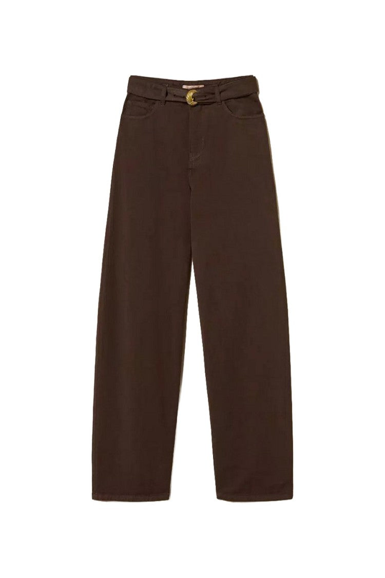 Twin-Set Brown Cotton Buckle-Waist Wide-Leg Trousers