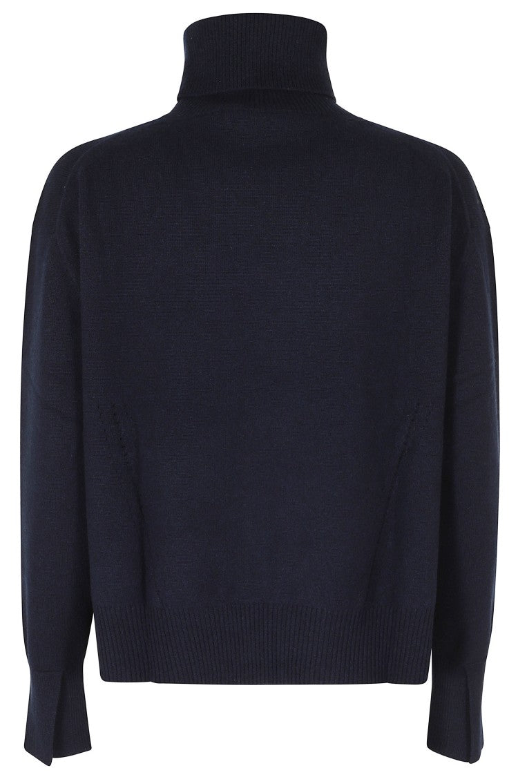 Semi Couture High Neck Blue Dahlia Sweater With Side Slits And Ribbed Trim