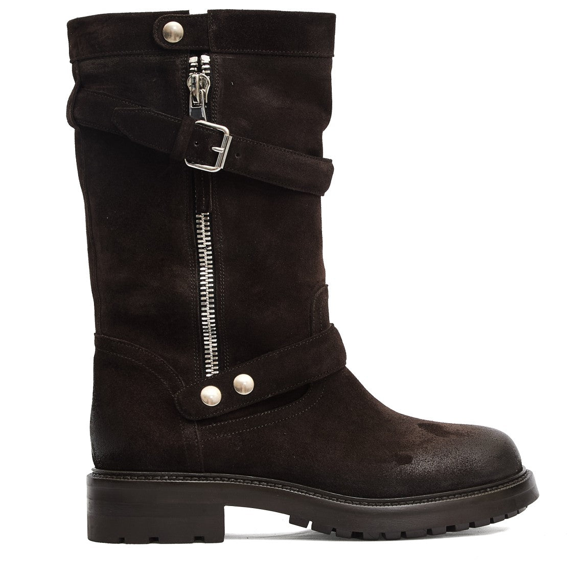 Strategia Dark Brown Suede Biker Ankle Boots With Zipper And Buckle Accents