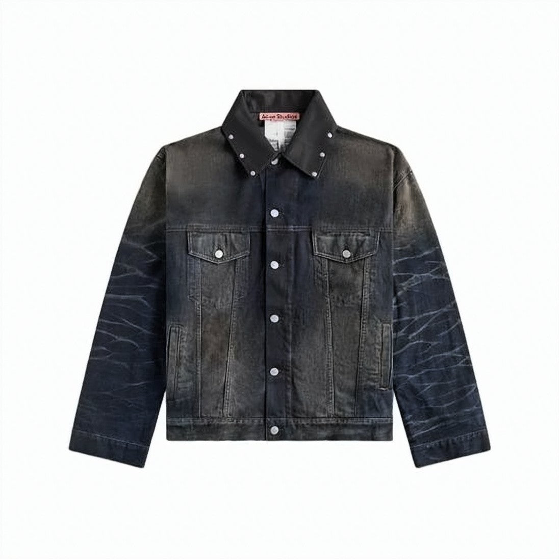 Acne Studios Classic Black Denim Jacket With Distressed Finish And Studded Collar