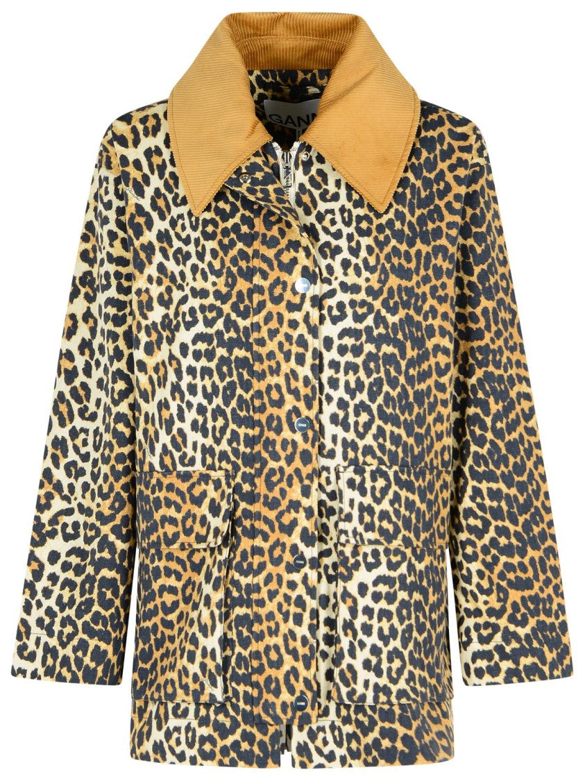 Ganni Leopard Print Midi Jacket In Tela