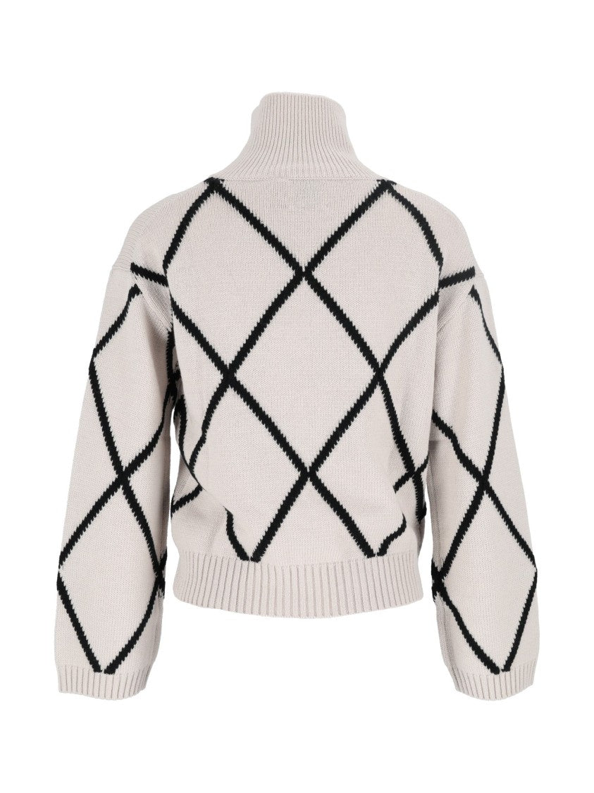 Allude Beige Diamond Pattern Cropped Turtleneck Sweater