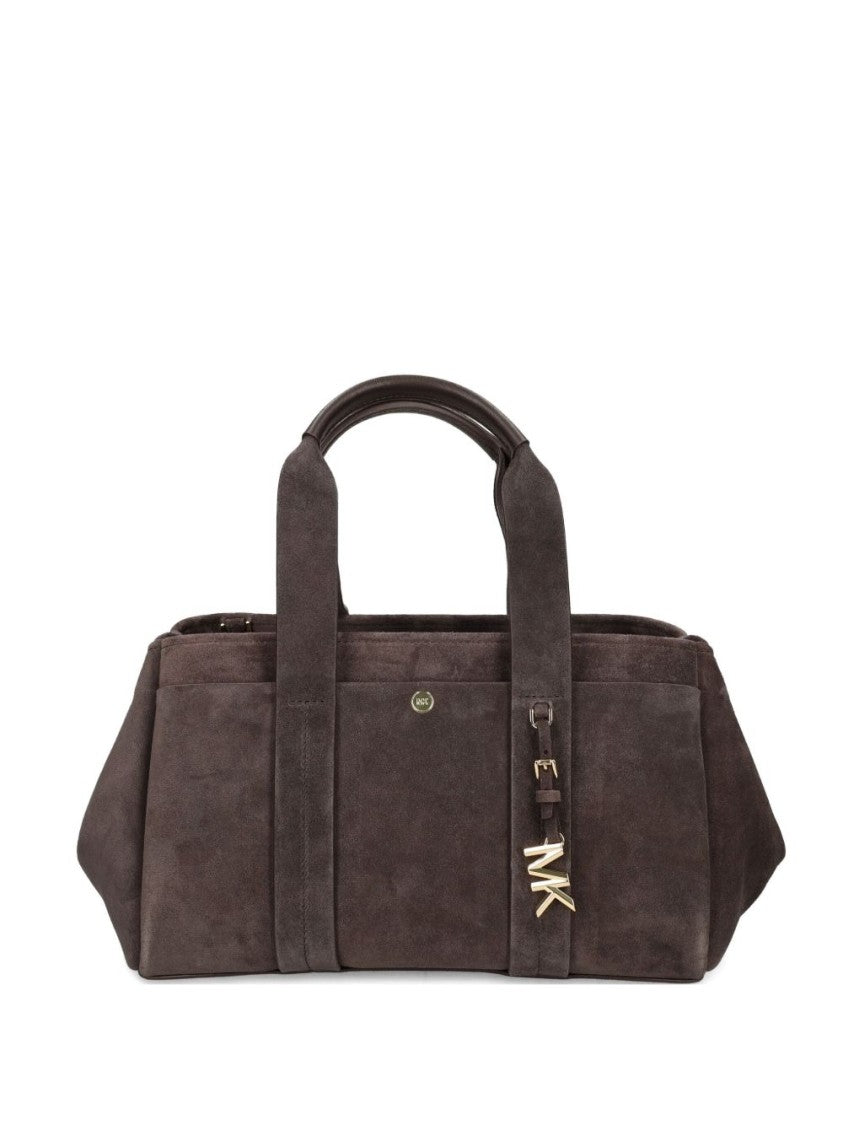 Michael Kors Structured Brown Suede Handbag With Gold Accents