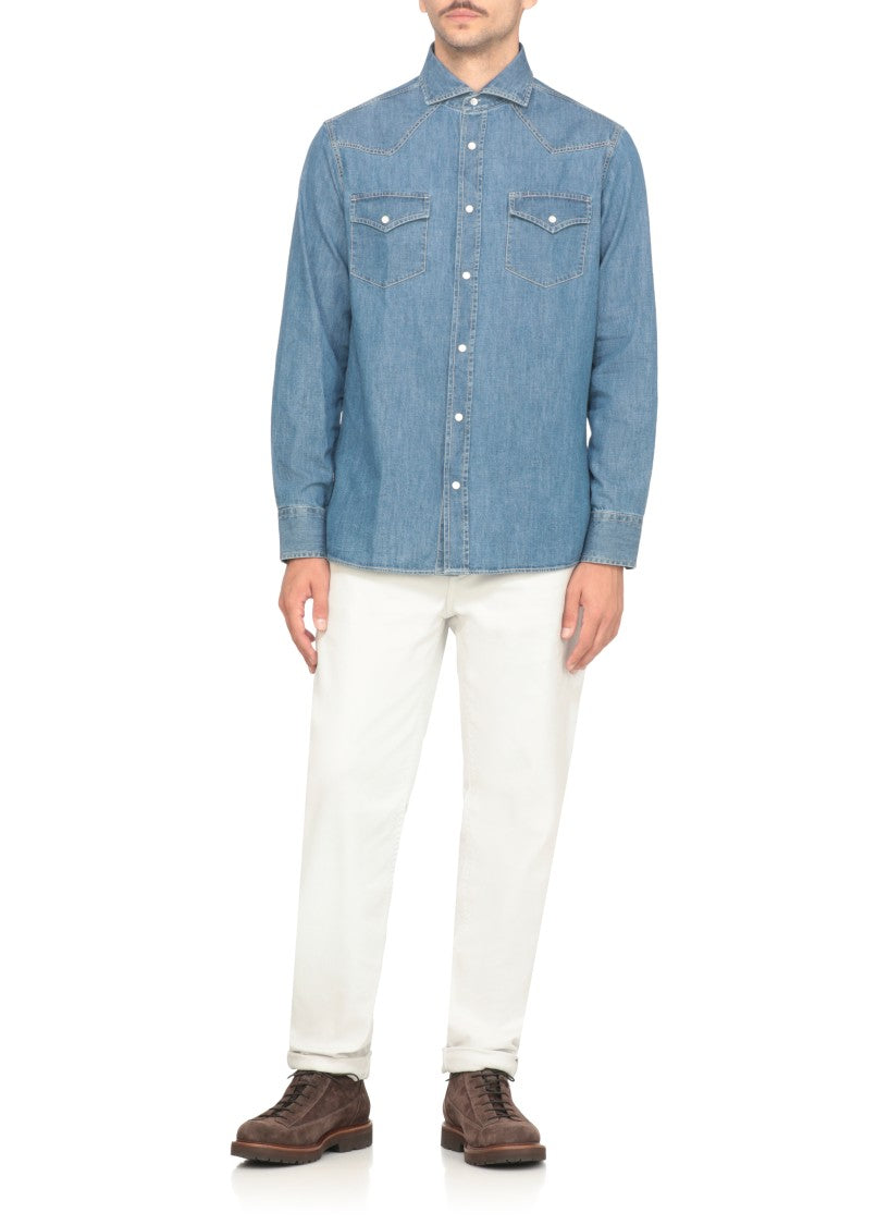 Brunello Cucinelli Medium Blue Denim-Textured Cotton Shirt