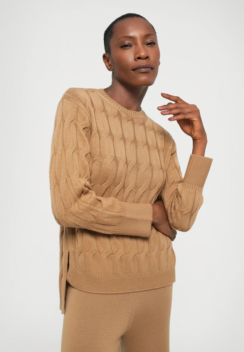 Max Mara Iconic Cable Knit Sweater In Warm Camel Brown
