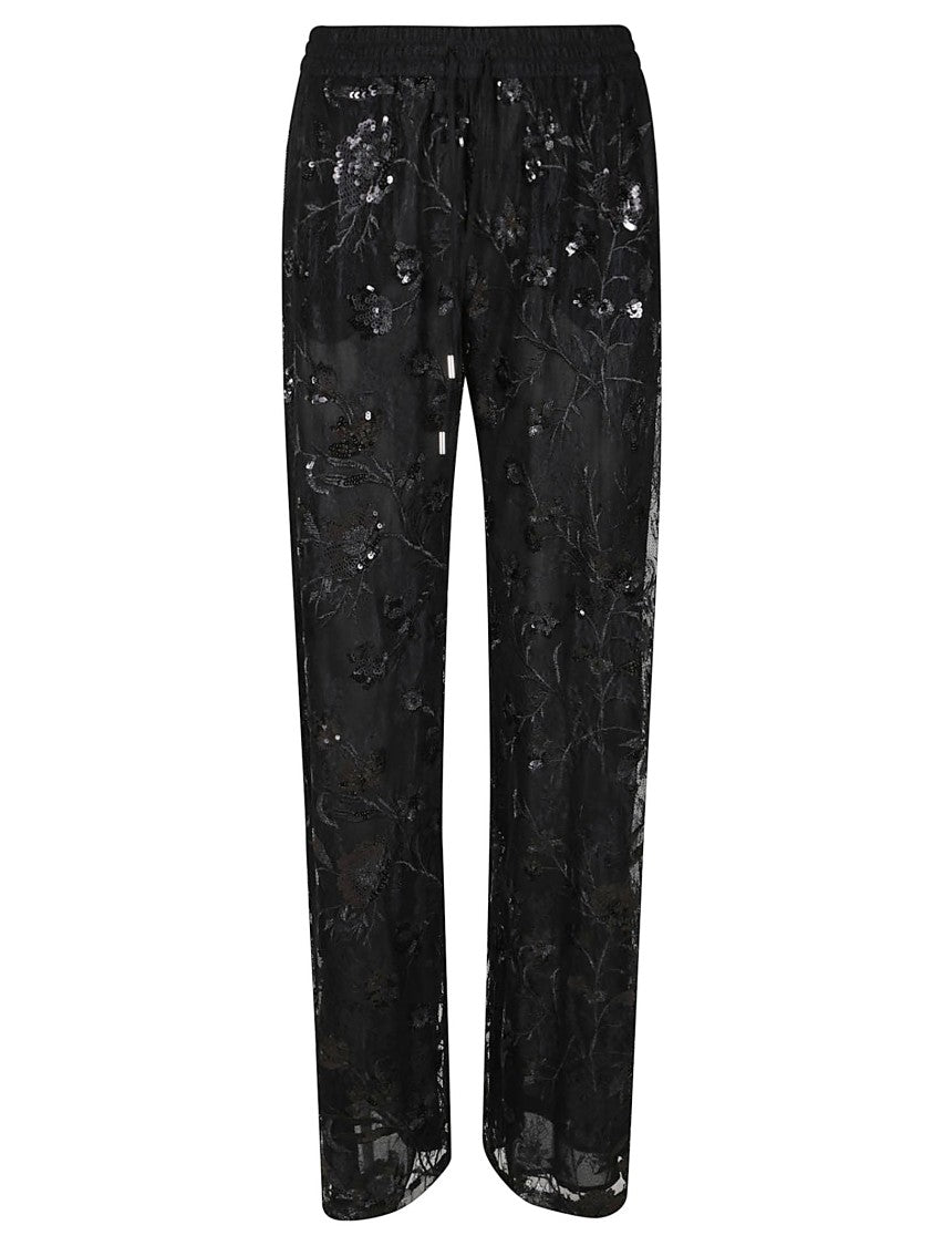 Ermanno Firenze Sheer Black Trousers With Intricate Floral Embroidery