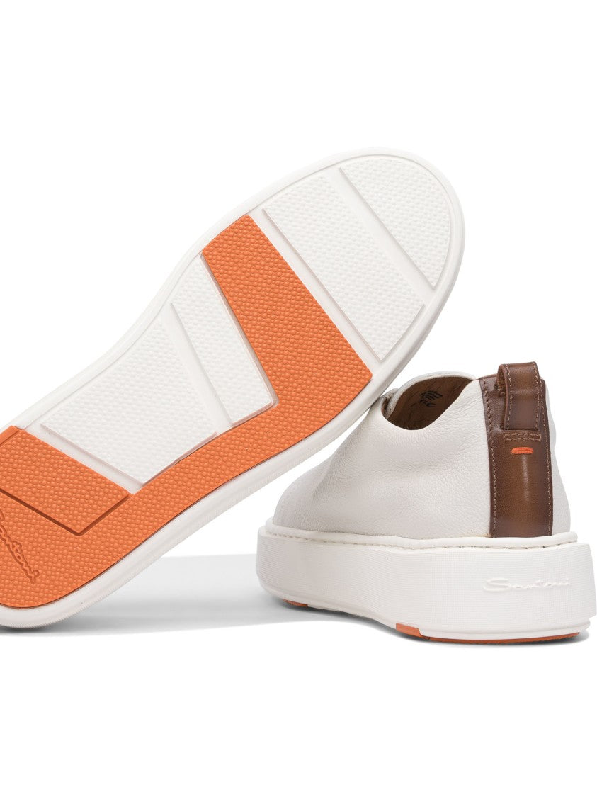 Santoni White Leather Slip-On Sneakers